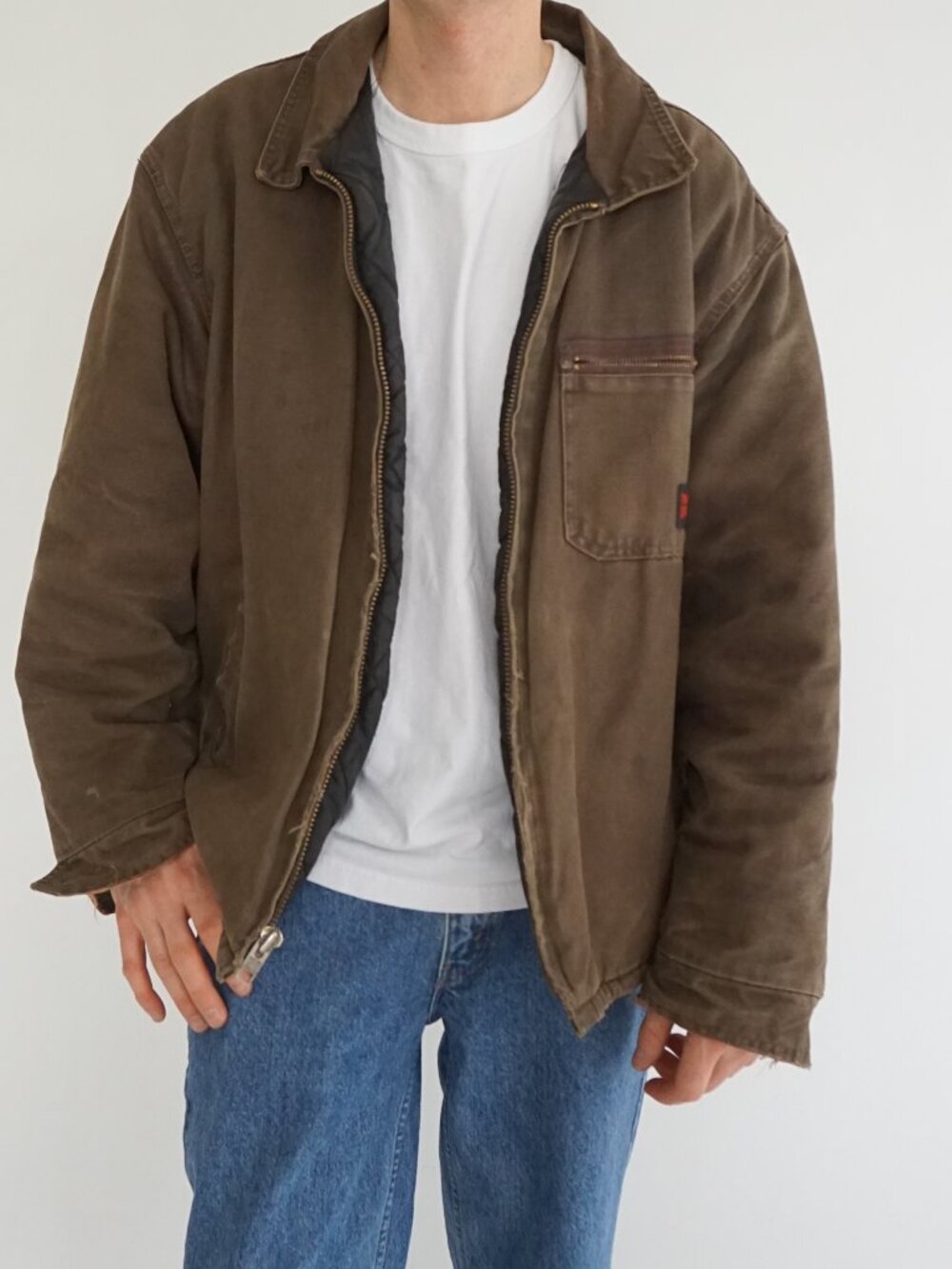 Tough Duck Brown Workwear Canvas Jacket Zip Front Quilted Lined Heavy Duty XL